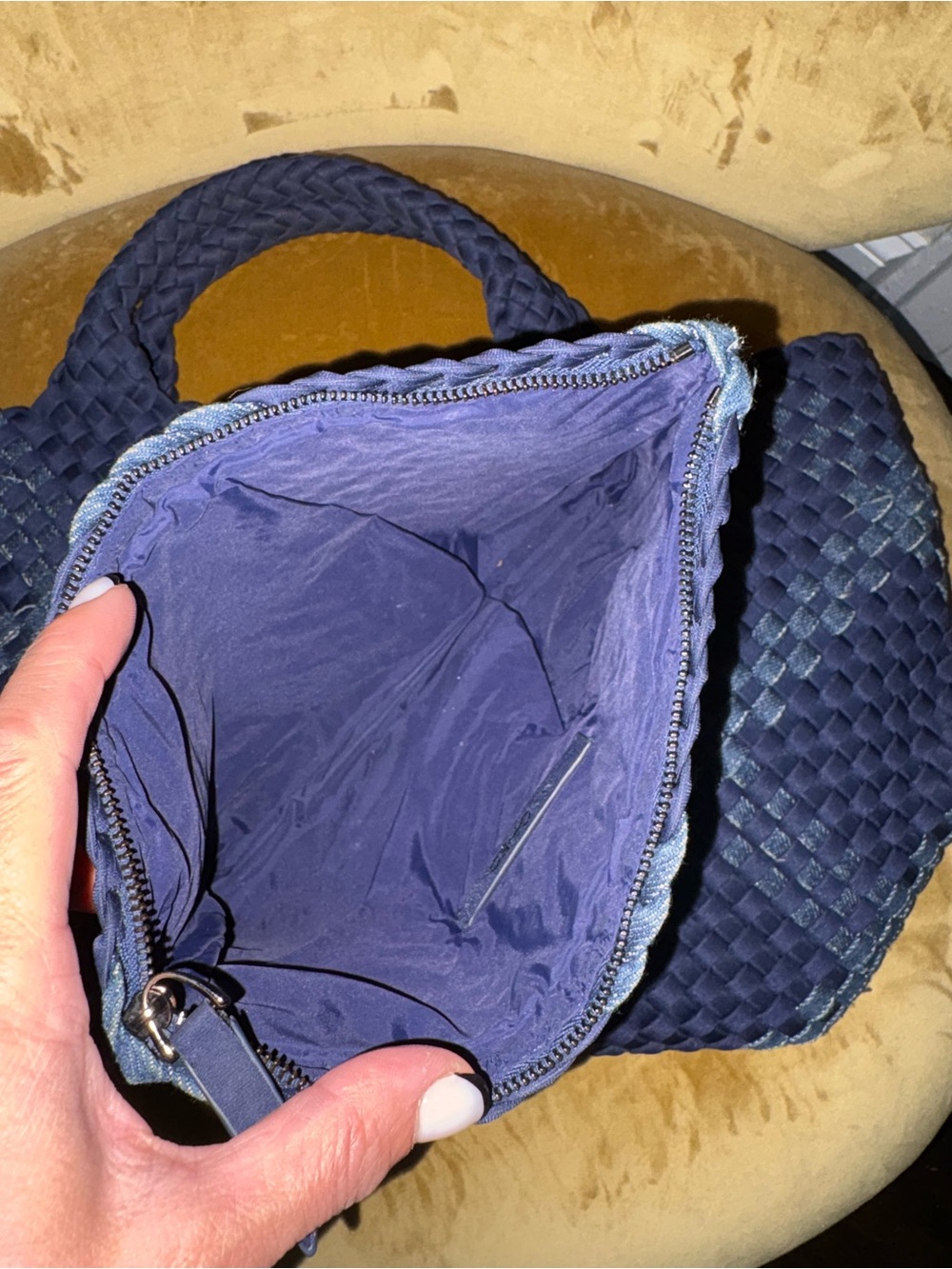 Naghedi Navy Woven Tote with Faded Plaid Detail - Picture 7 of 11